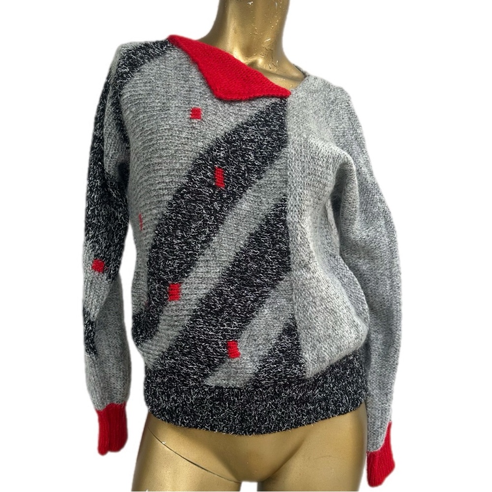 Vintage 1980s Lilly of California Sweater,M – Asymmetrical Collared Graphic Knit